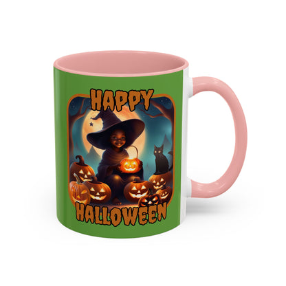 Happy Halloween Cute Witch Orange font Green Accent Mug by CreepyCrafts.boo