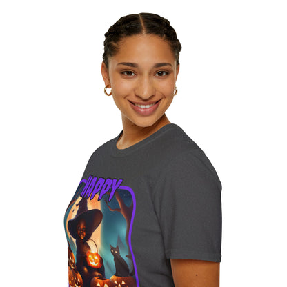 Happy Halloween Cute Witch Purple font Dark colors Unisex T-Shirt by CreepyCrafts.boo