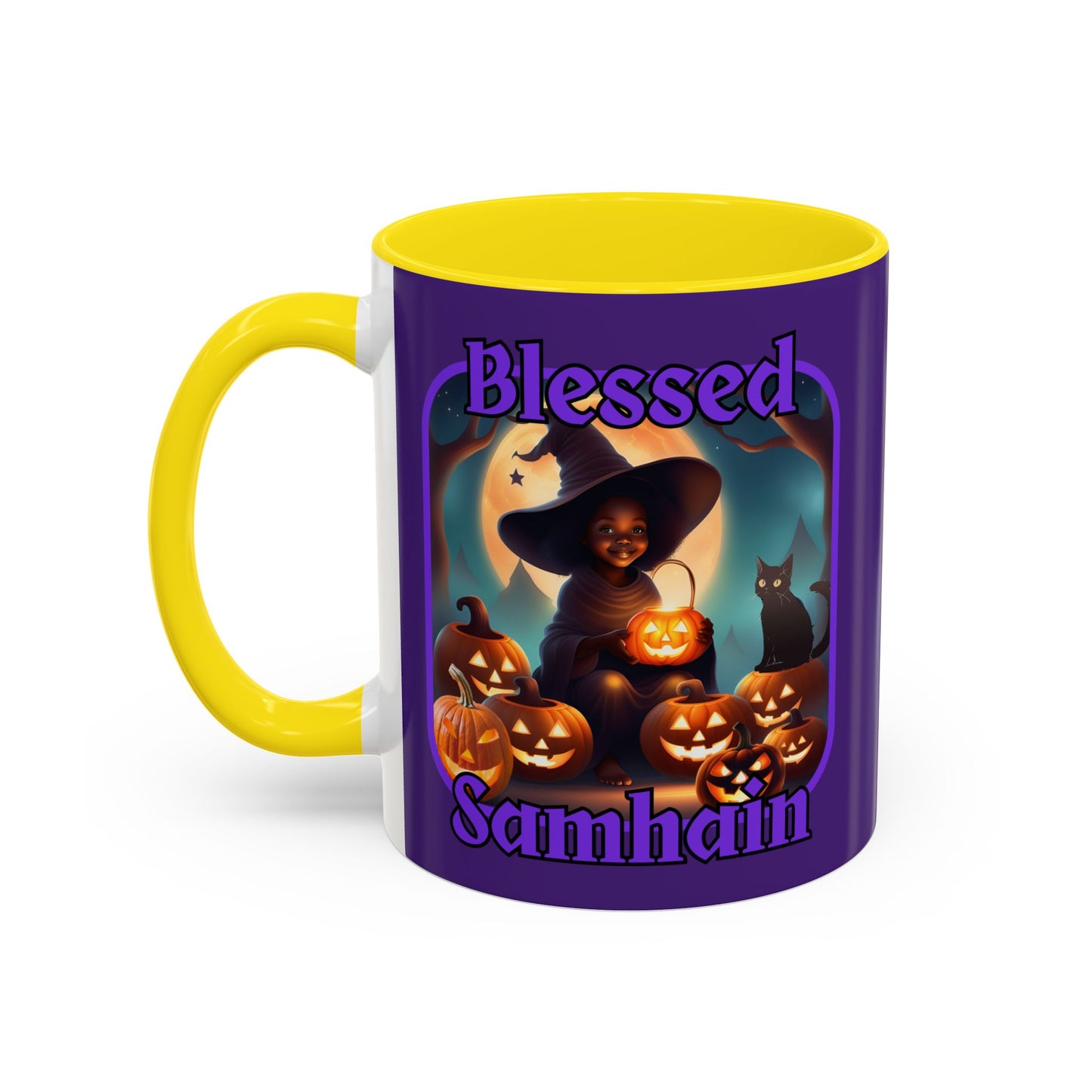 Blessed Samhain Cute Witch Purple font Purple Accent Mug by CreepyCrafts.boo