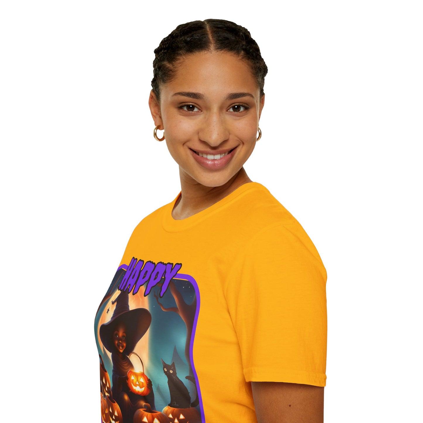 Happy Halloween Cute Witch Purple font Light colors Unisex T-Shirt by CreepyCrafts.boo