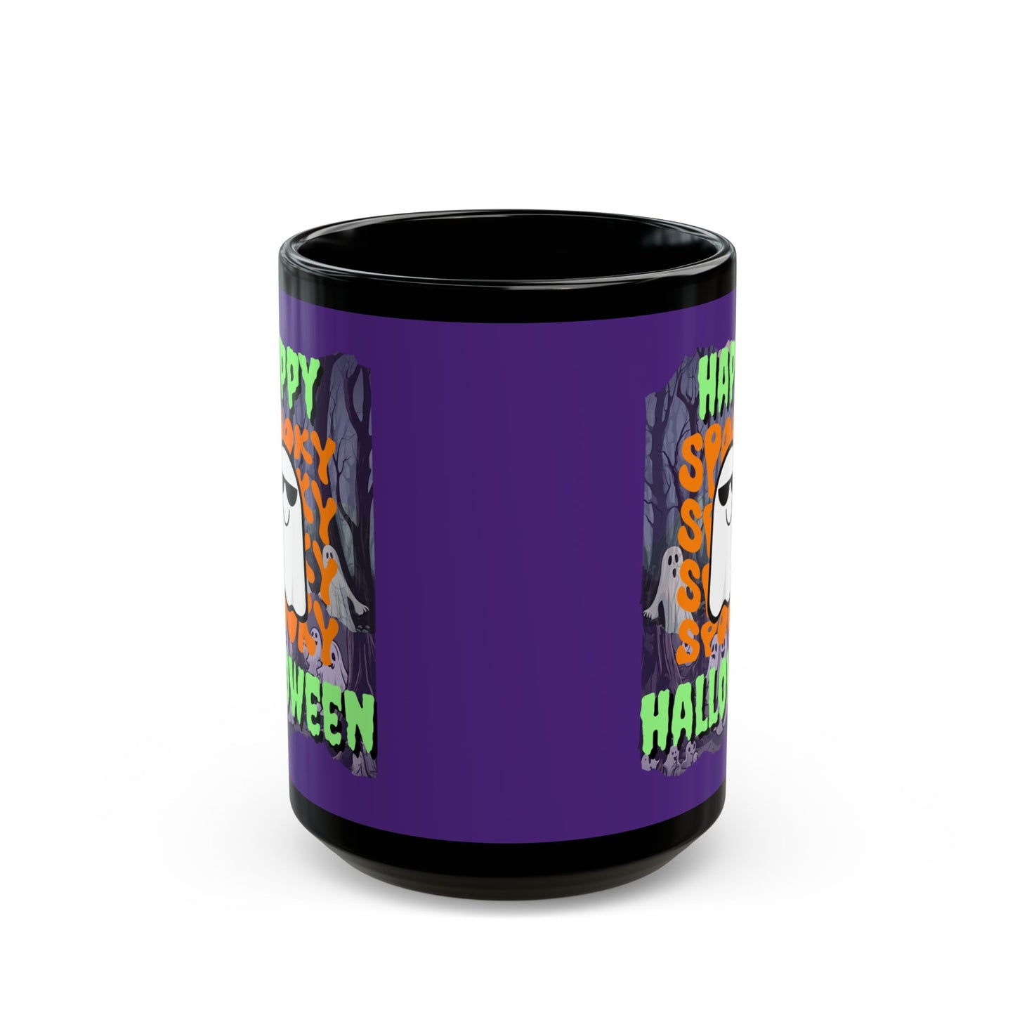 Spooky Happy Halloween Ghost Green font Purple Mug by CreepyCrafts.boo