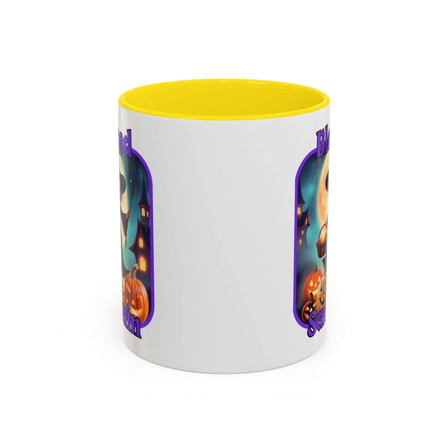 Blessed Samhain Little Witch Purple font White Accent Mug by CreepyCrafts.boo