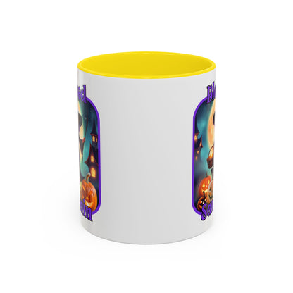 Blessed Samhain Little Witch Purple font White Accent Mug by CreepyCrafts.boo