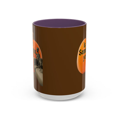 Is It Samhain Yet? Skeleton's Giant Pumpkin Brown Accent Mug by CreepyCrafts.boo