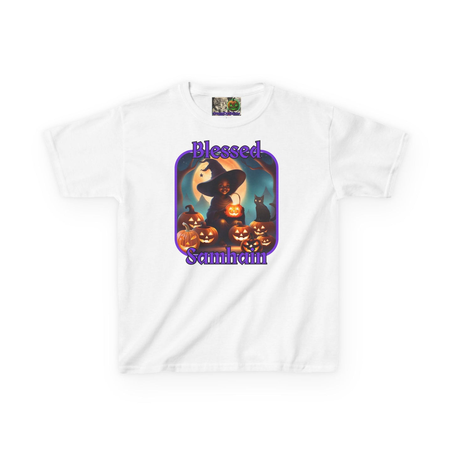 Blessed Samhain Cute Witch Purple font Kids Heavy Cotton™ Tee by CreepyCrafts.boo