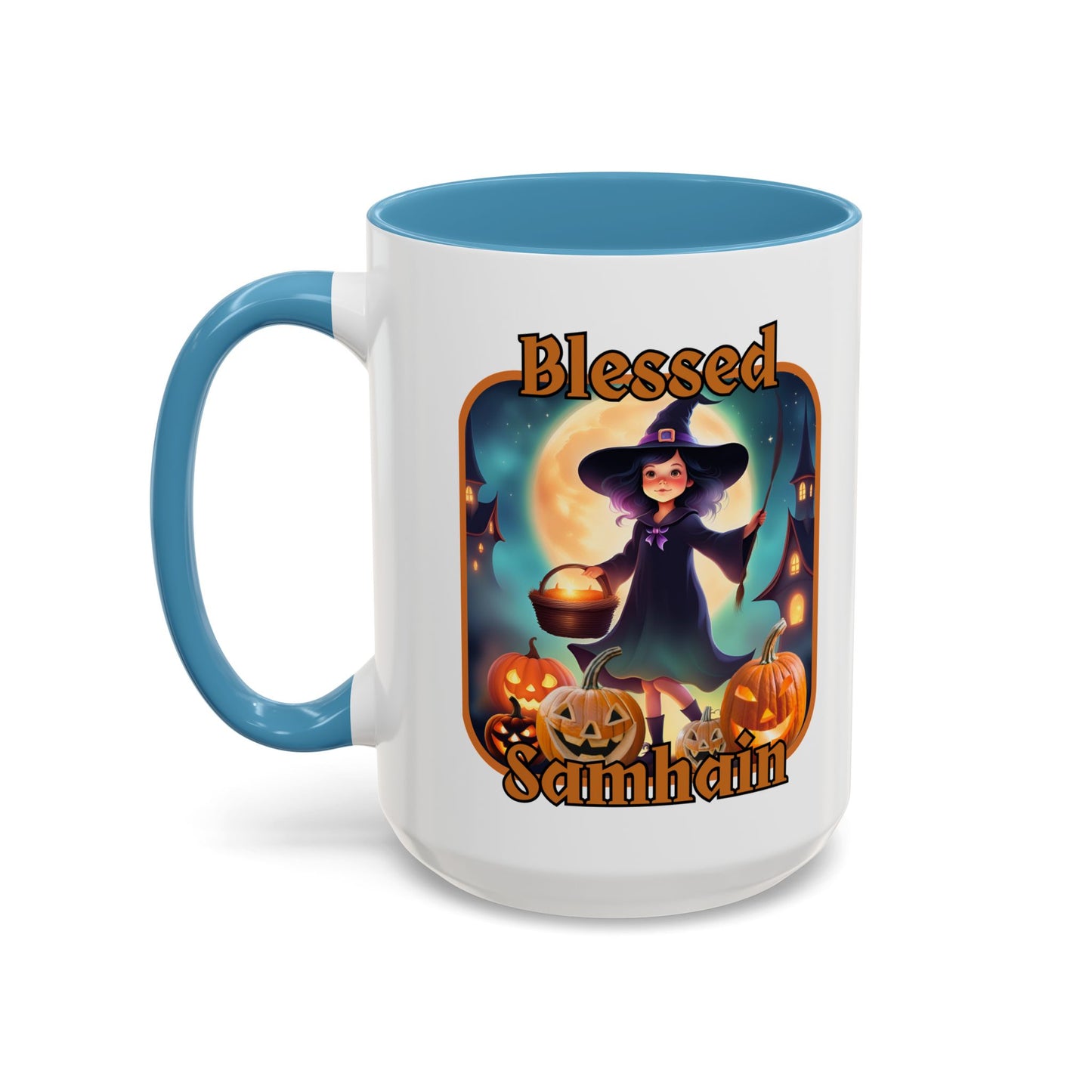 Blessed Samhain Little Witch Orange font White Accent Mug by CreepyCrafts.boo