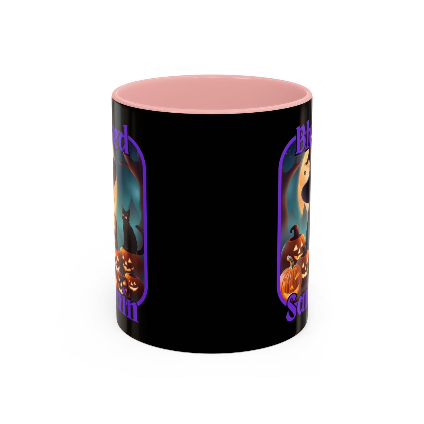 Blessed Samhain Cute Witch Purple font Black Accent Mug by CreepyCrafts.boo