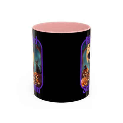 Blessed Samhain Cute Witch Purple font Black Accent Mug by CreepyCrafts.boo