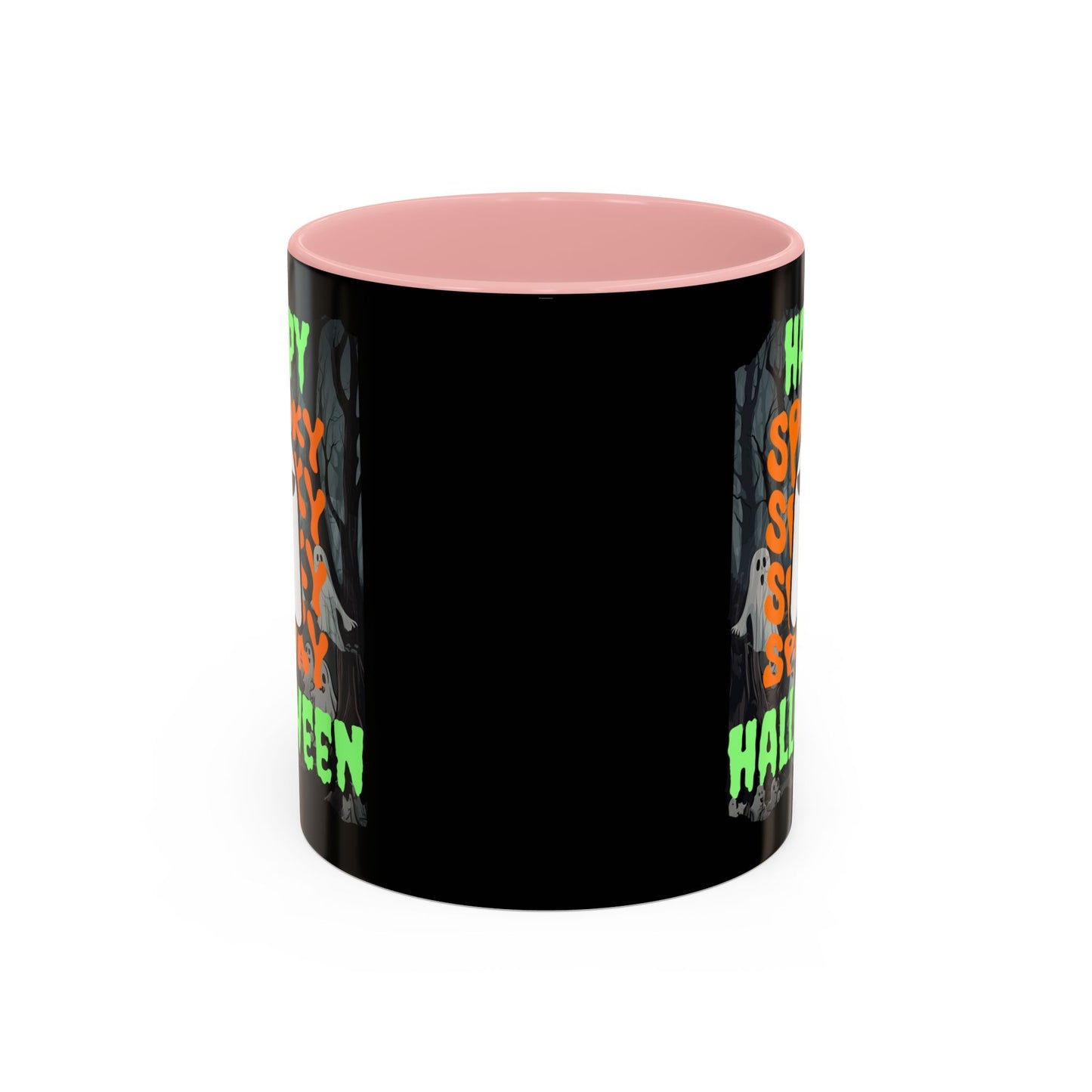 Spooky Happy Halloween Ghost Green font Black Accent Mug by CreepyCrafts.boo