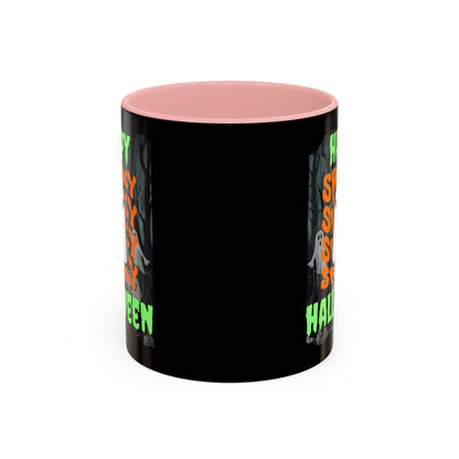 Spooky Happy Halloween Ghost Green font Black Accent Mug by CreepyCrafts.boo