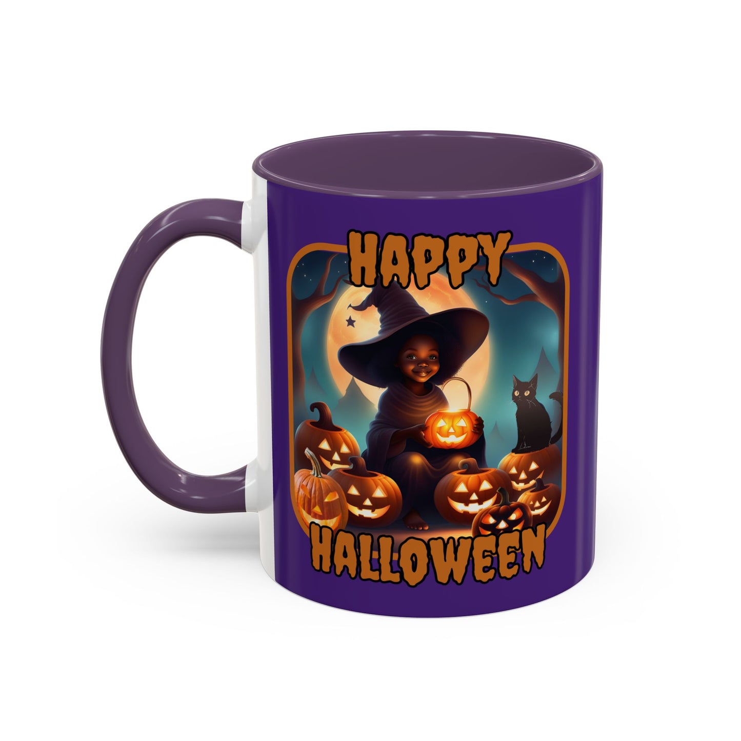 Happy Halloween Cute Witch Orange font Purple Accent Mug by CreepyCrafts.boo