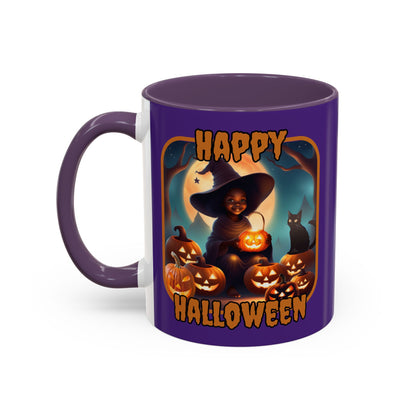 Happy Halloween Cute Witch Orange font Purple Accent Mug by CreepyCrafts.boo