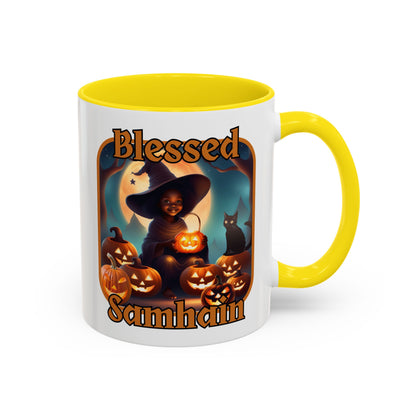 Blessed Samhain Cute Witch Orange font White Accent Mug by CreepyCrafts.boo
