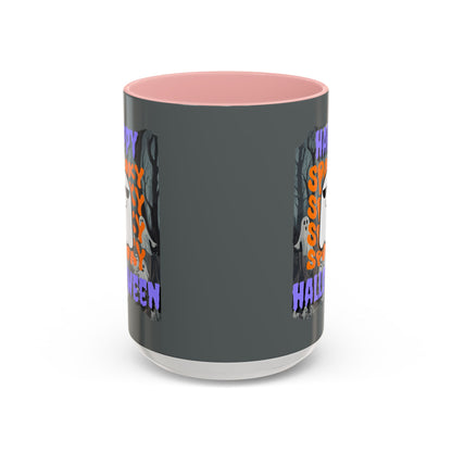 Spooky Happy Halloween Ghost Purple font Grey Accent Mug by CreepyCrafts.boo
