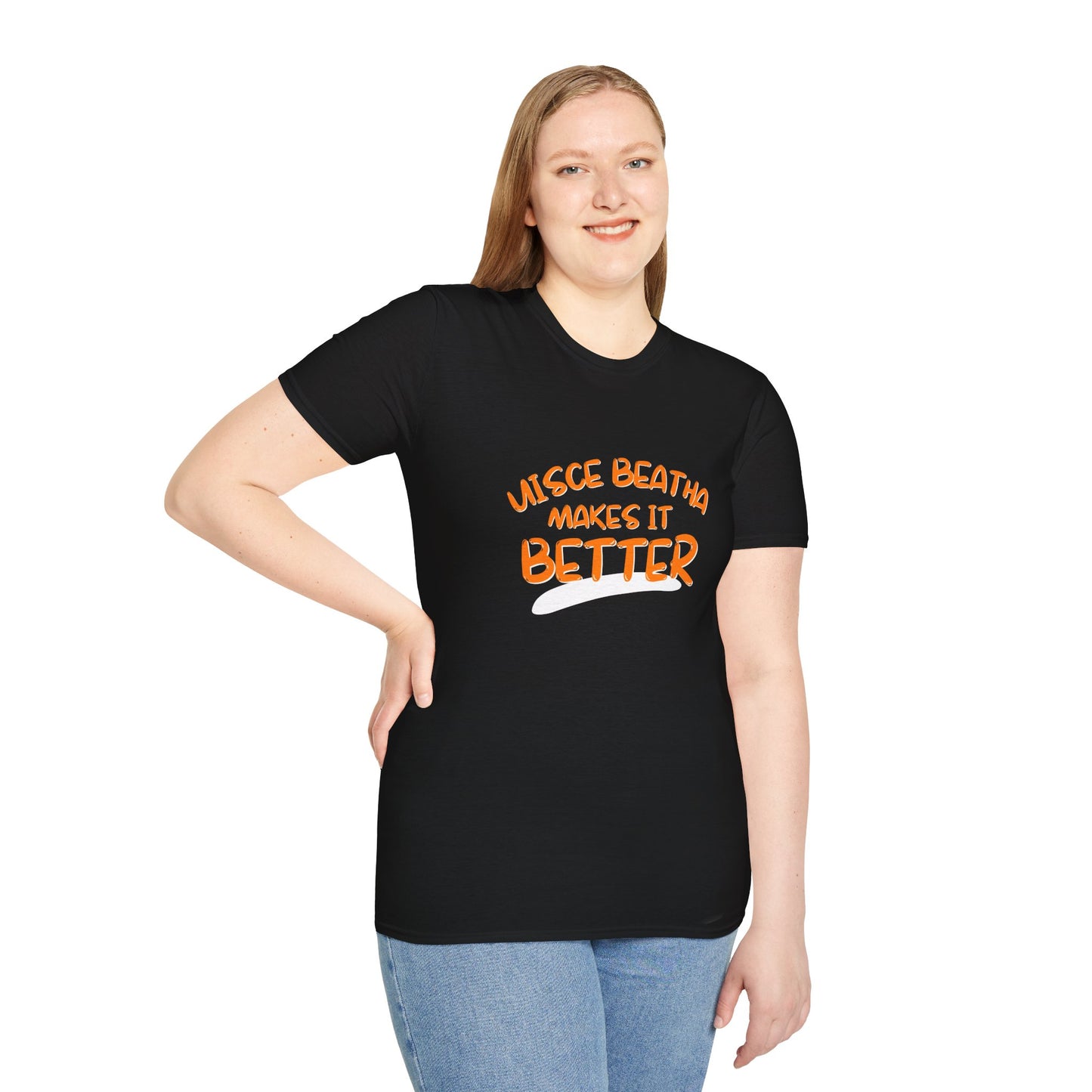 Uisce Beatha makes it better Orange font Dark colors Unisex T-Shirt by cypherpunkgear.com