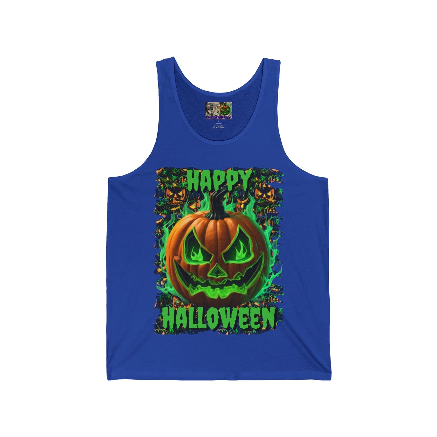 Happy Halloween Green Jack Unisex Jersey Tank Top by CreepyCrafts.boo