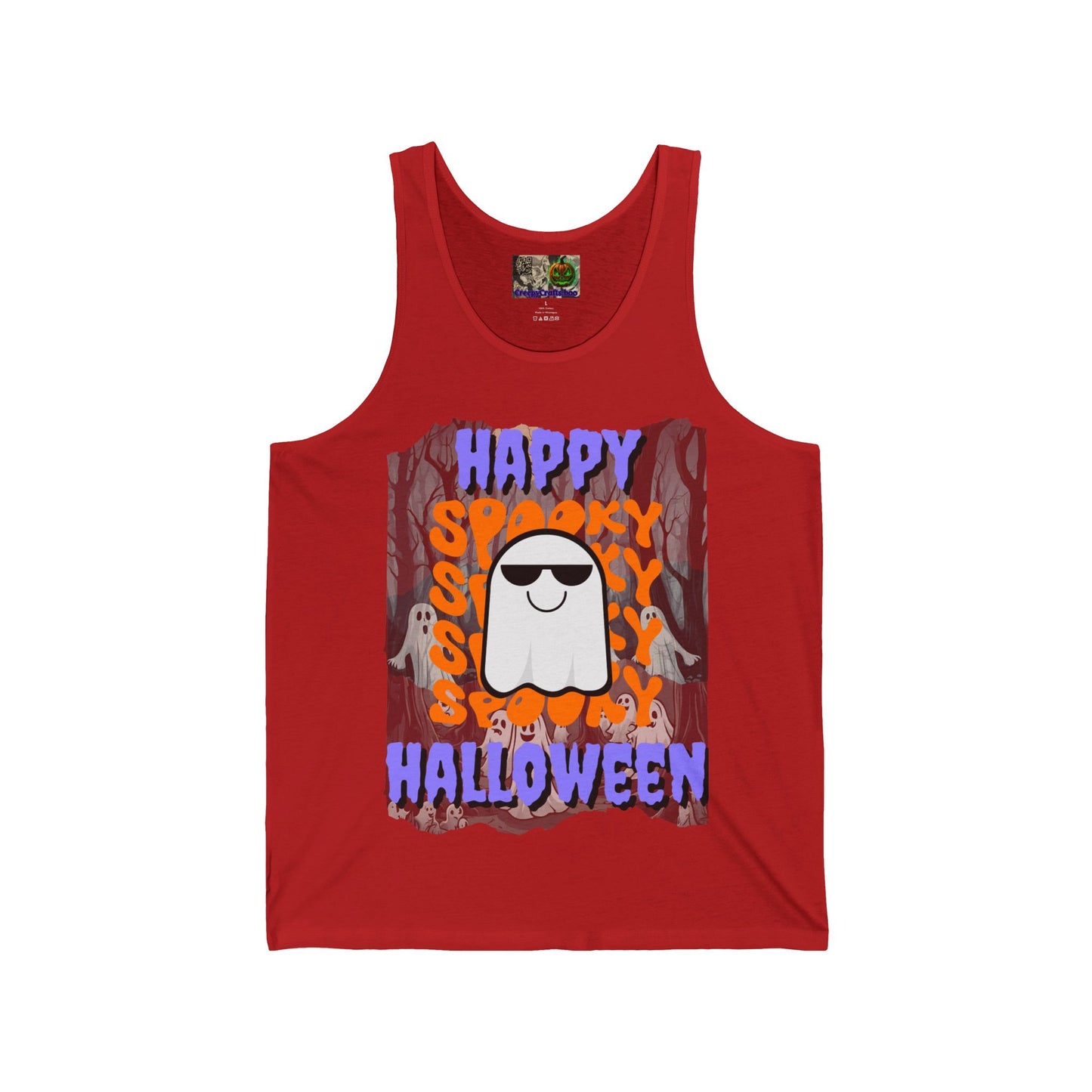Spooky Happy Halloween Ghost Purple font Unisex Jersey Tank Top by CreepyCrafts.boo