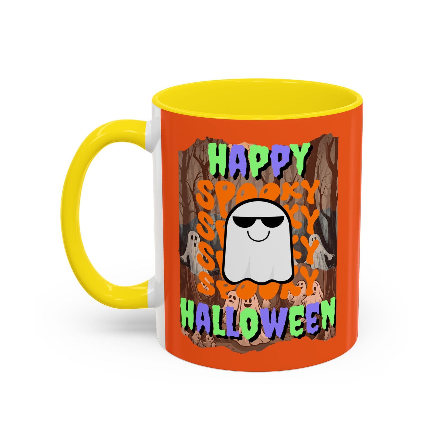 Spooky Happy Halloween Ghost Mixed font Orange Accent Mug by CreepyCrafts.boo