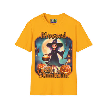 Blessed Samhain Little Witch Orange font Light colors Unisex T-Shirt by CreepyCrafts.boo