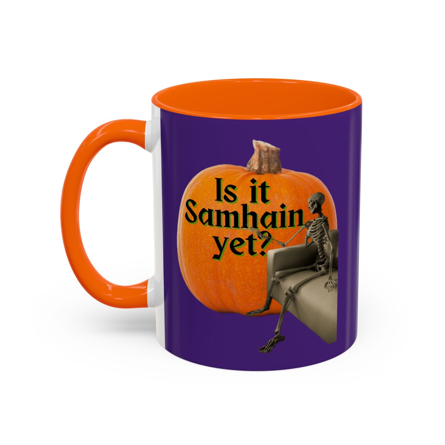 Is It Samhain Yet? Skeleton's Giant Pumpkin Purple Accent Mug by CreepyCrafts.boo