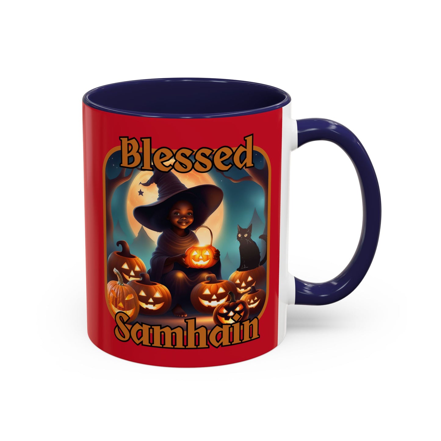 Blessed Samhain Cute Witch Orange font Red Accent Mug by CreepyCrafts.boo