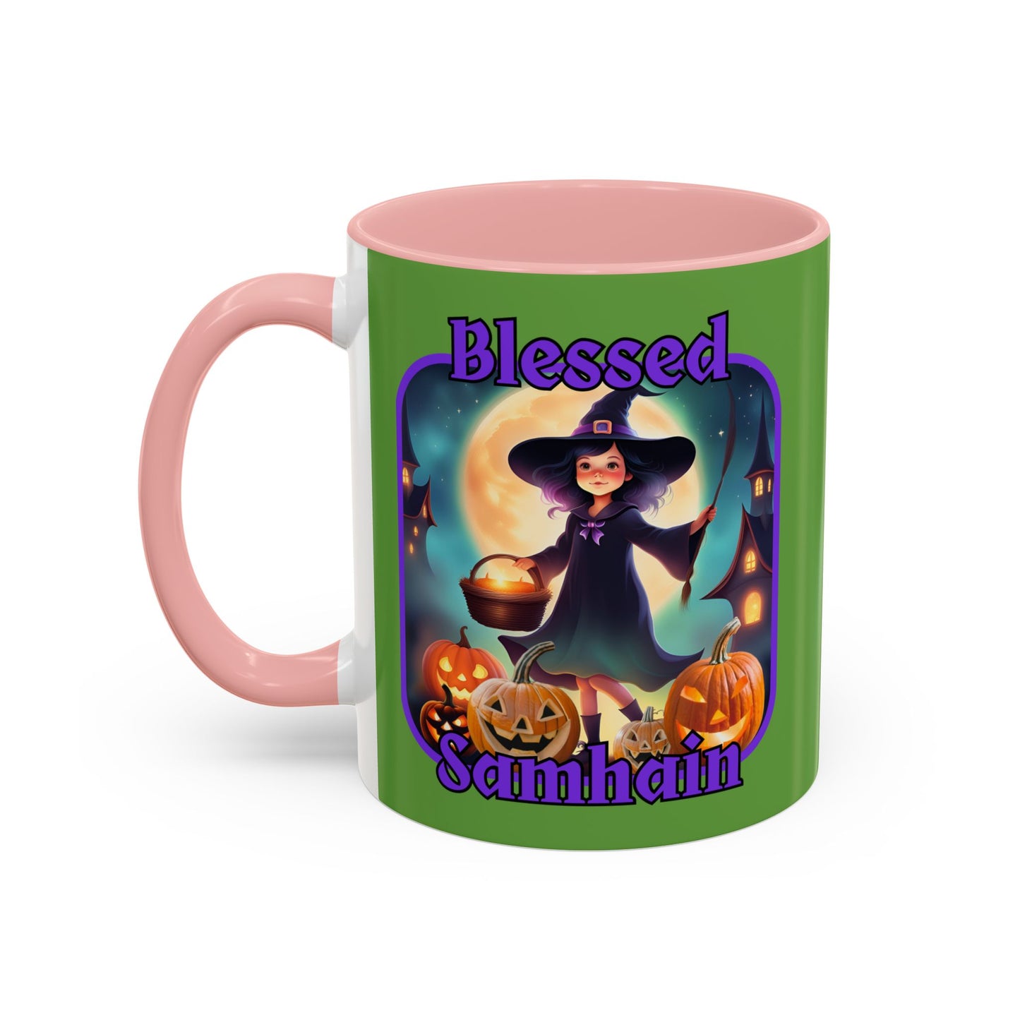 Blessed Samhain Little Witch Purple font Green Accent Mug by CreepyCrafts.boo