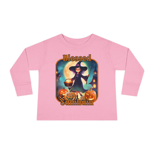 Blessed Samhain Little Witch Orange font Toddler Long Sleeve Tee by CreepyCrafts.boo