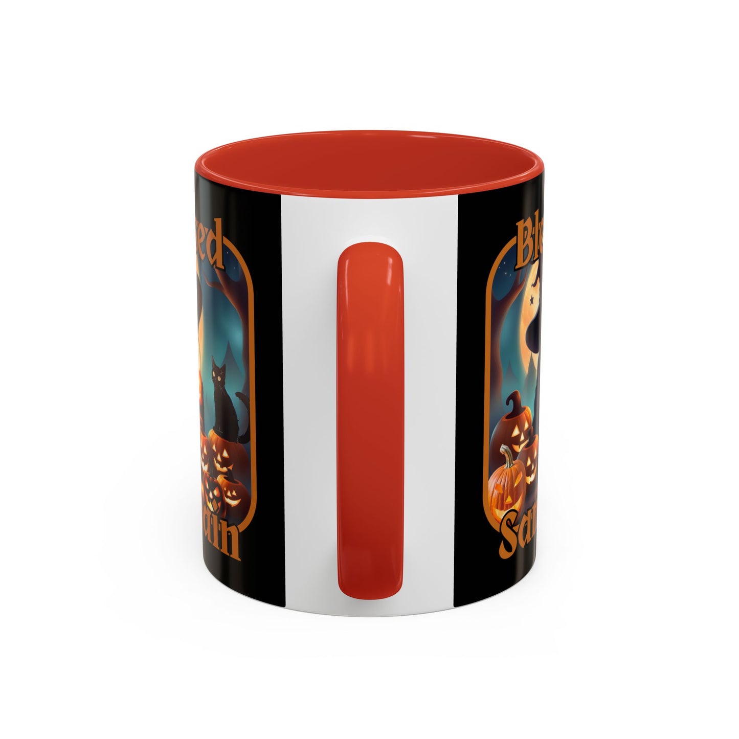 Blessed Samhain Cute Witch Orange font Black Accent Mug by CreepyCrafts.boo