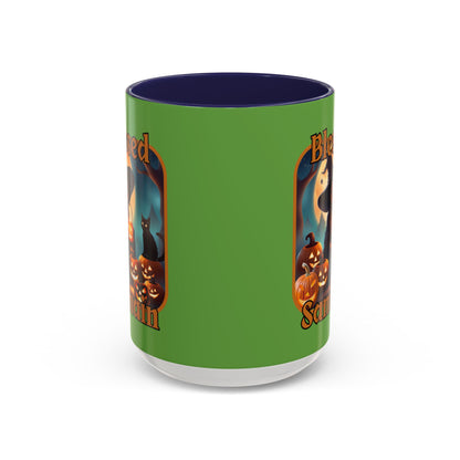 Blessed Samhain Cute Witch Orange font Green Accent Mug by CreepyCrafts.boo