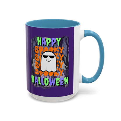 Spooky Happy Halloween Ghost Mixed font Purple Accent Mug by CreepyCrafts.boo