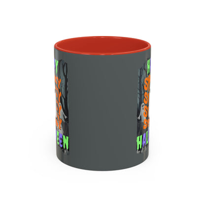 Spooky Happy Halloween Ghost Mixed font Grey Accent Mug by CreepyCrafts.boo