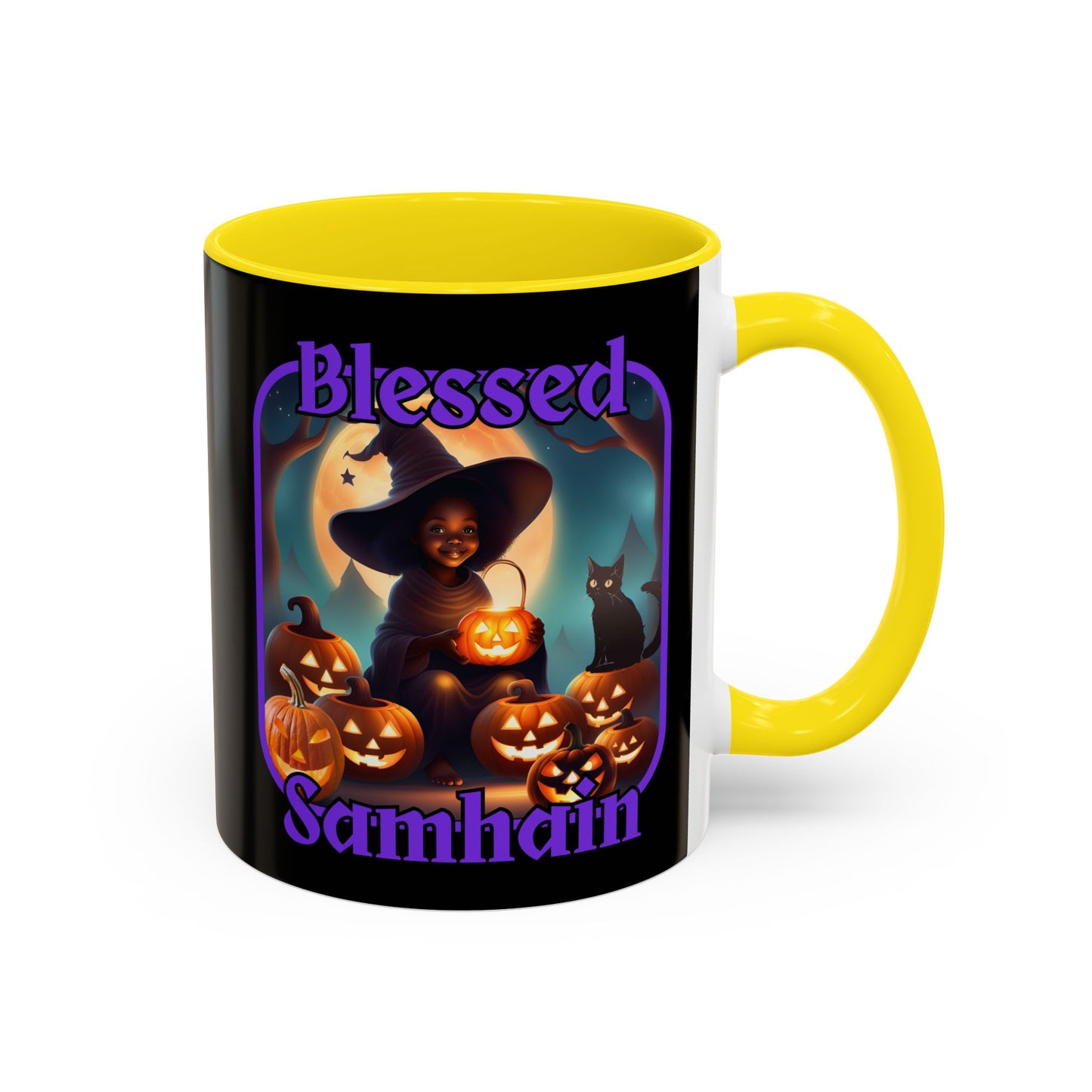 Blessed Samhain Cute Witch Purple font Black Accent Mug by CreepyCrafts.boo
