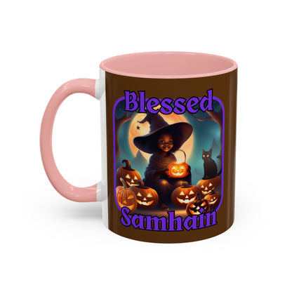 Blessed Samhain Cute Witch Purple font Brown Accent Mug by CreepyCrafts.boo
