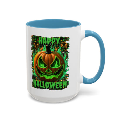 Happy Halloween Green Jack White Accent Mug by CreepyCrafts.boo