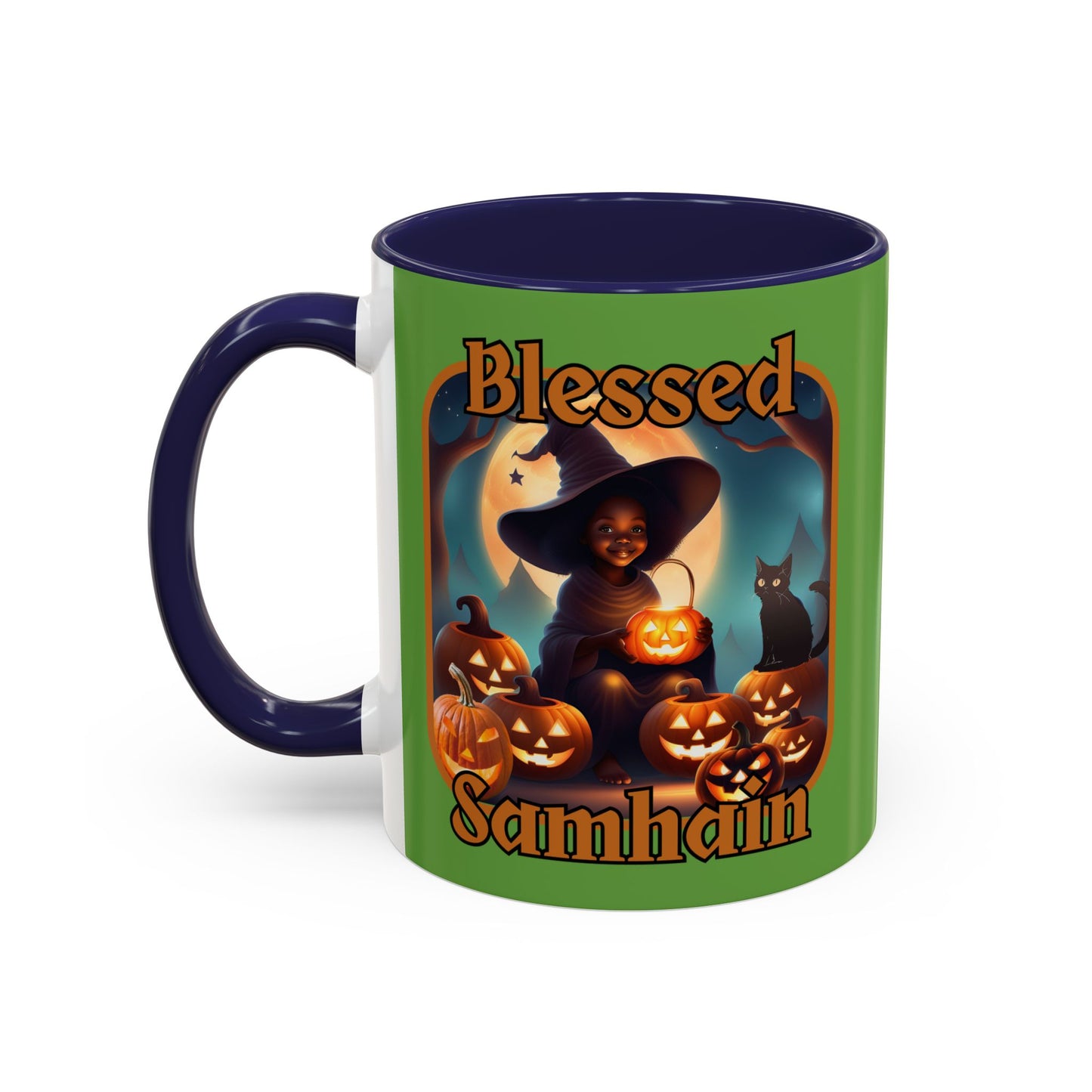 Blessed Samhain Cute Witch Orange font Green Accent Mug by CreepyCrafts.boo
