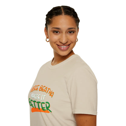 Uisce Beatha makes it better Orange, White, and Green font Light colors Unisex T-Shirt by cypherpunkgear.com