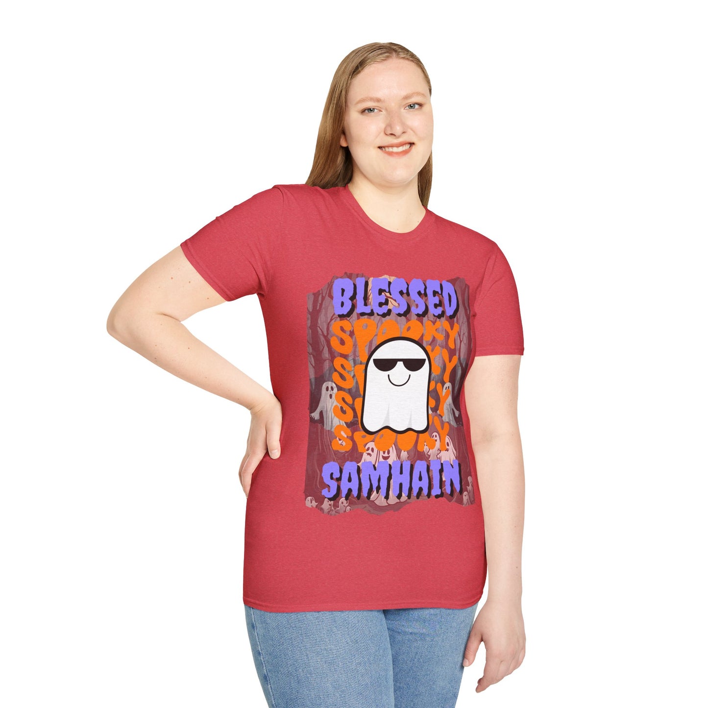 Spooky Blessed Samhain Ghost Purple font Unisex T-Shirt by CreepyCrafts.boo