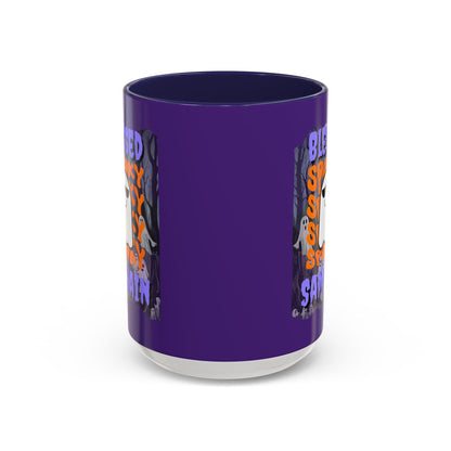 Spooky Blessed Samhain Ghost Purple font Accent Mug by CreepyCrafts.boo