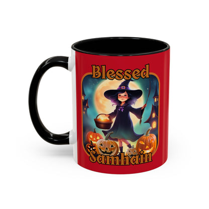 Blessed Samhain Little Witch Orange font Red Accent Mug by CreepyCrafts.boo