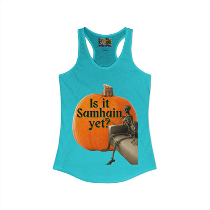 Is It Samhain Yet? Skeleton's Giant Pumpkin Women’s Racerback Tank Top by CreepyCrafts.boo