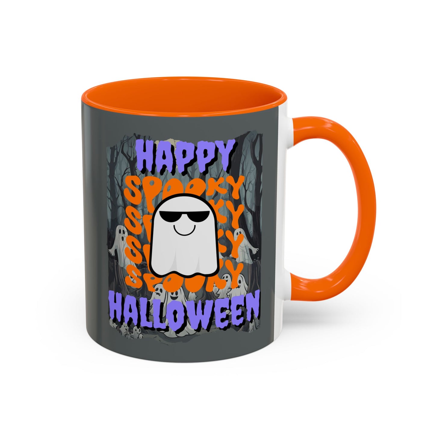 Spooky Happy Halloween Ghost Purple font Grey Accent Mug by CreepyCrafts.boo