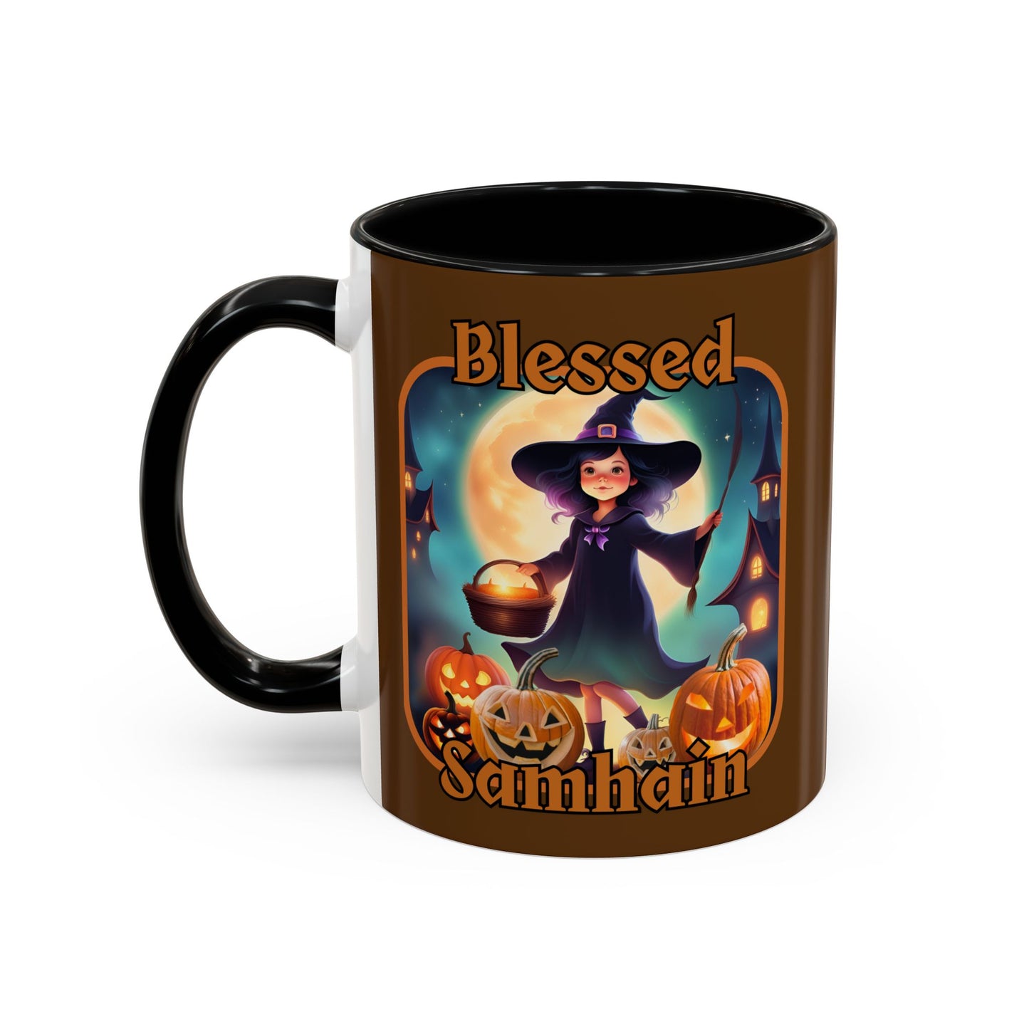 Blessed Samhain Little Witch Orange font Brown Accent Mug by CreepyCrafts.boo
