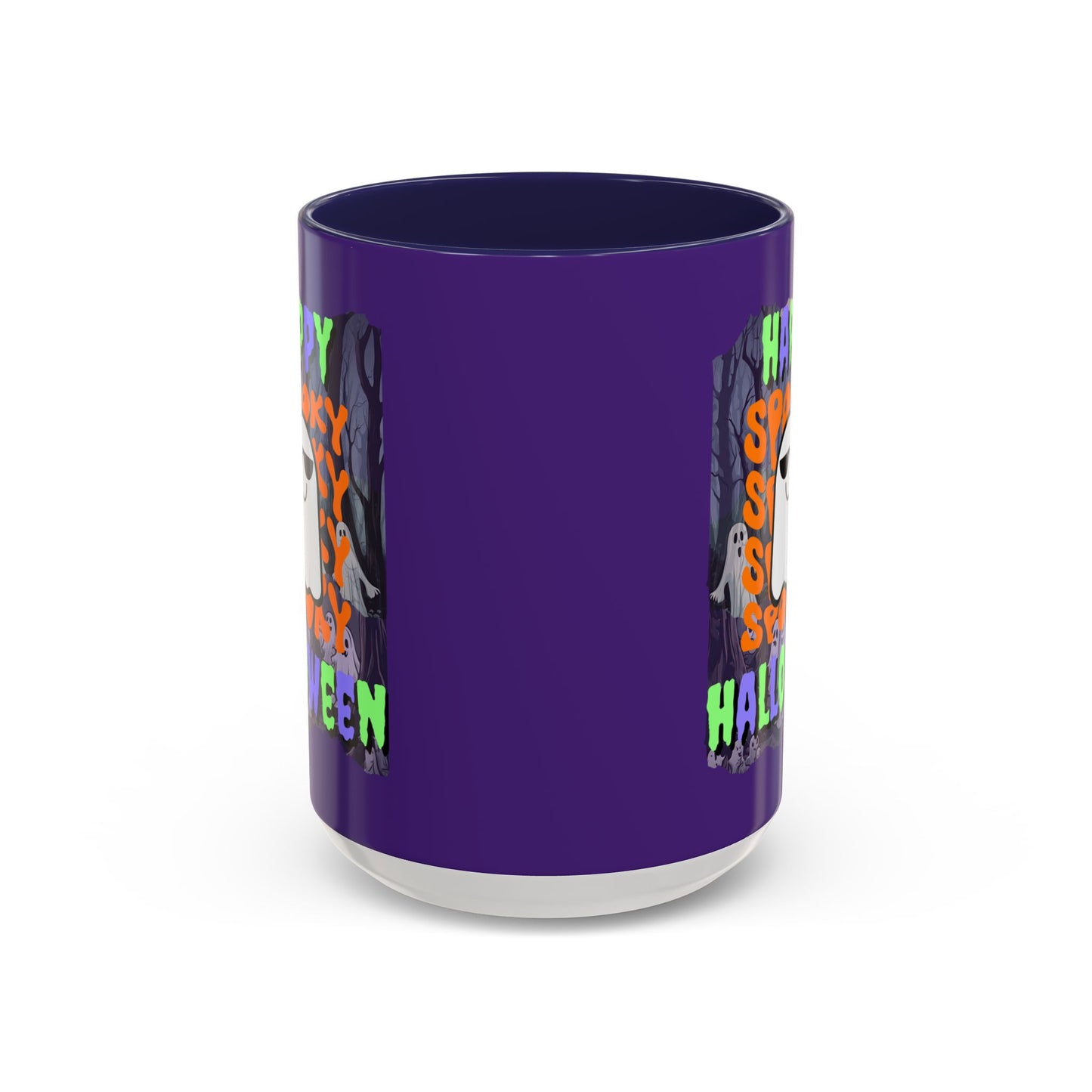 Spooky Happy Halloween Ghost Mixed font Purple Accent Mug by CreepyCrafts.boo
