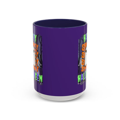 Spooky Happy Halloween Ghost Mixed font Purple Accent Mug by CreepyCrafts.boo