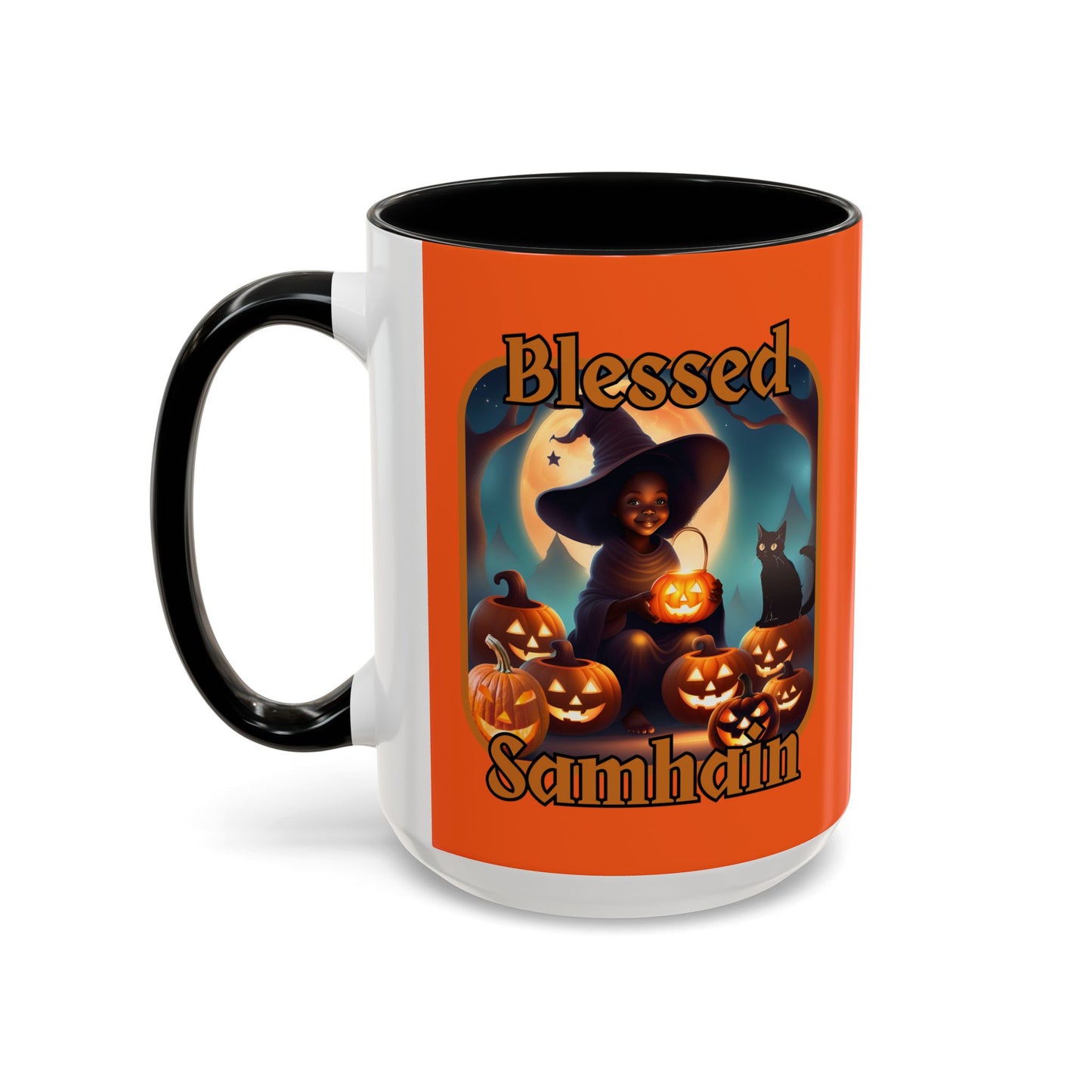 Blessed Samhain Cute Witch Orange font Orange Accent Mug by CreepyCrafts.boo