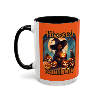 Blessed Samhain Cute Witch Orange font Orange Accent Mug by CreepyCrafts.boo