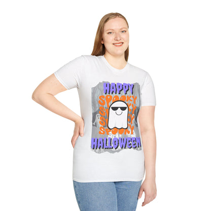Spooky Happy Halloween Ghost Light colors Purple font Unisex T-Shirt by CreepyCrafts.boo