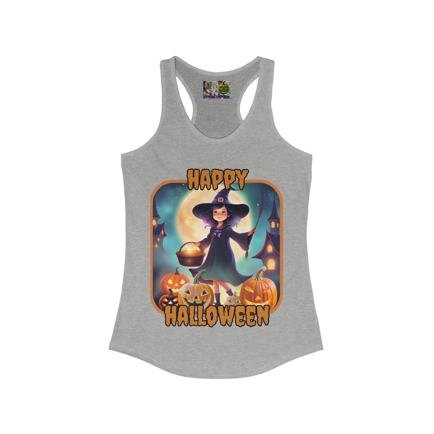 Happy Halloween Little Witch Orange font Women's Racerback Tank Top by CreepyCrafts.boo