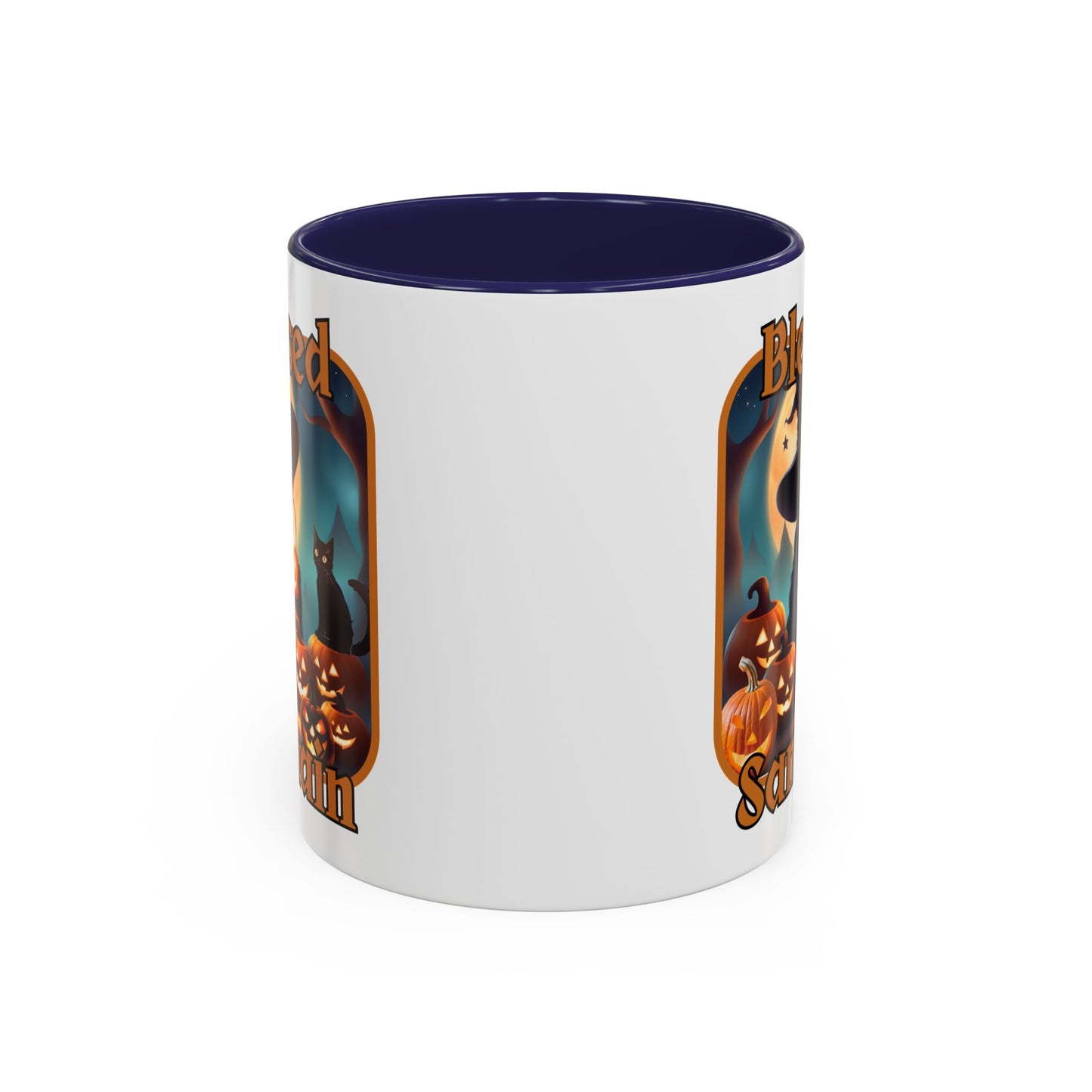 Blessed Samhain Cute Witch Orange font White Accent Mug by CreepyCrafts.boo