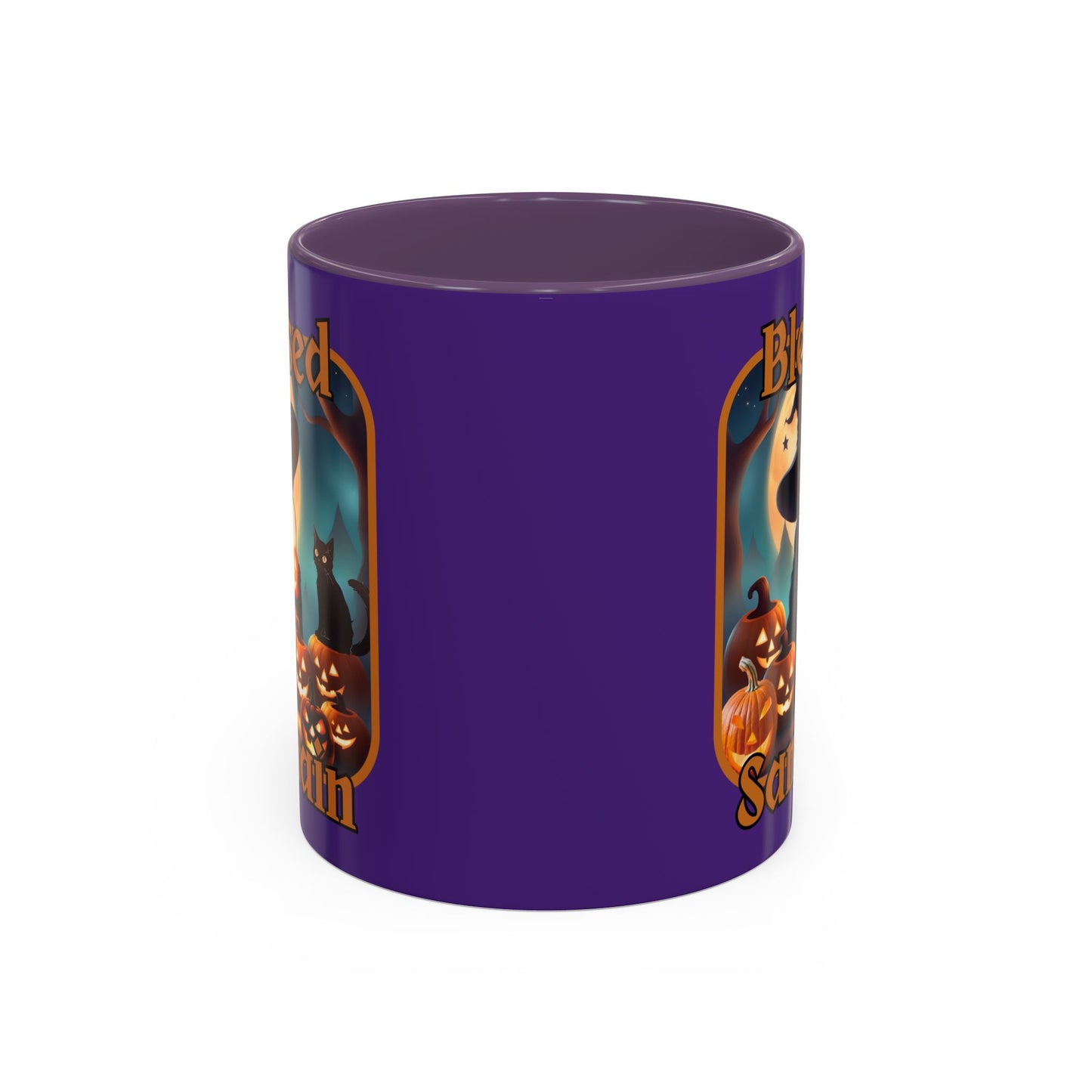 Blessed Samhain Cute Witch Orange font Purple Accent Mug by CreepyCrafts.boo